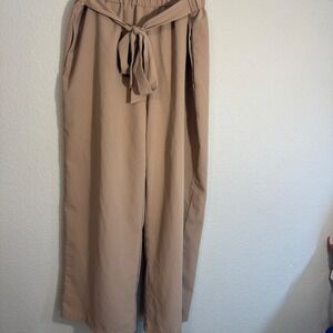 Women's Beige Wide Leg Pants Elastic Waist  Tie Belt Cropped Flowy